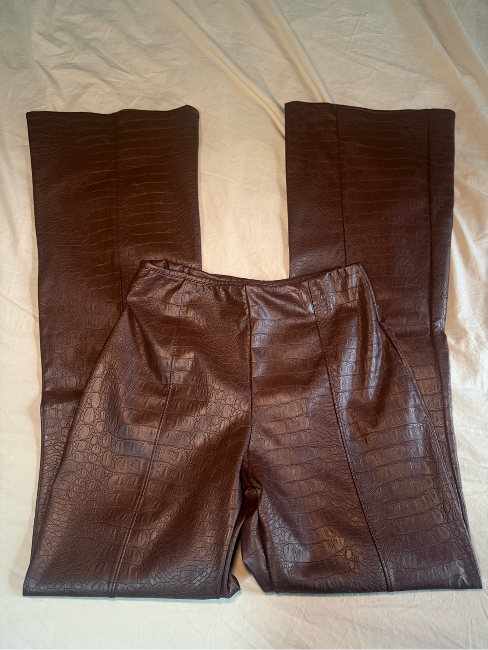 High-Rise Croc-Embossed Brown Faux Leather Pants